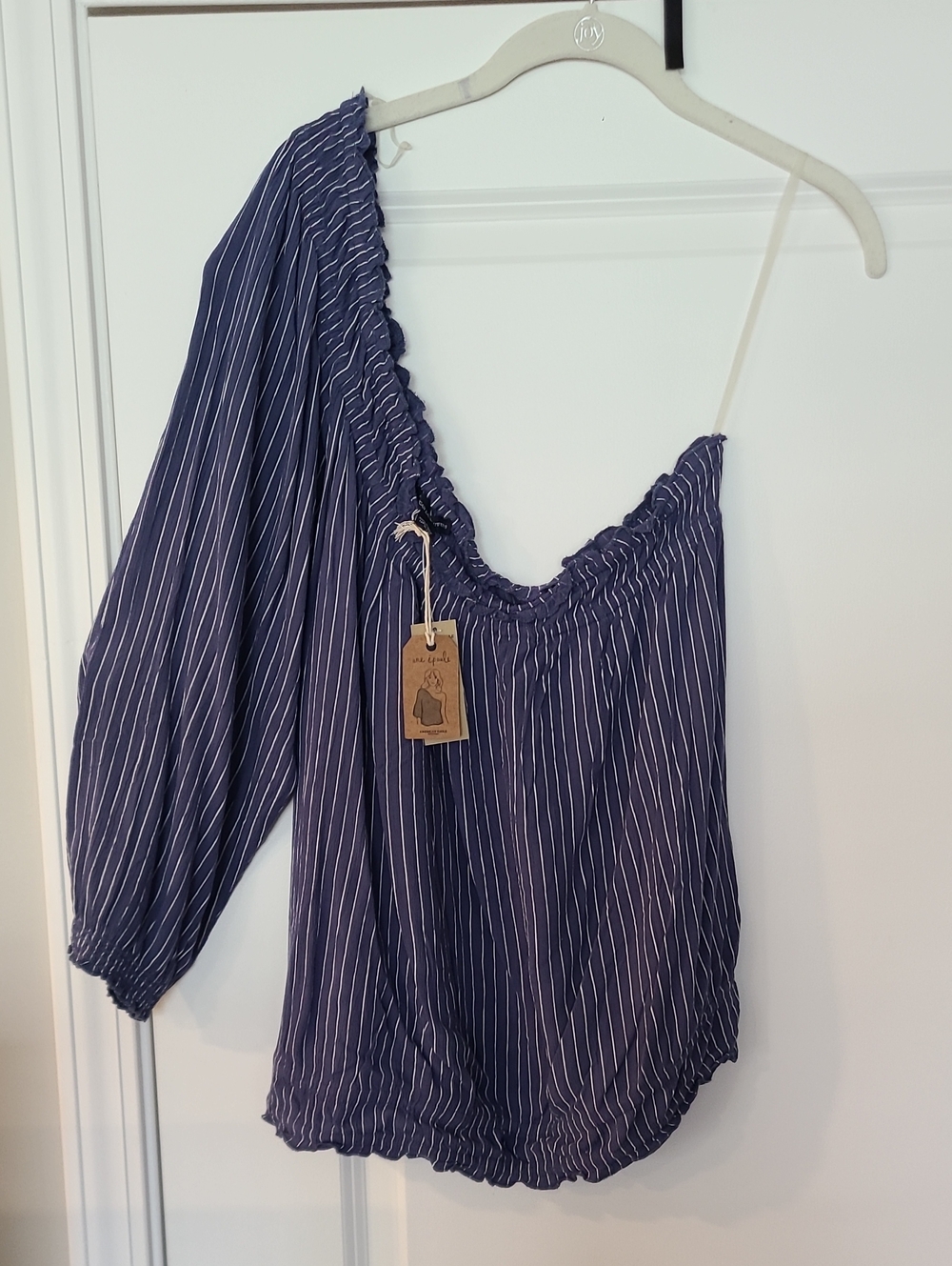 American Eagle Outfitters Navy and White Striped One-Shoulder Top